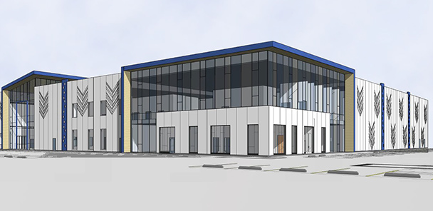 Architectural rendering of two story building with white walls and large windows above the doors.